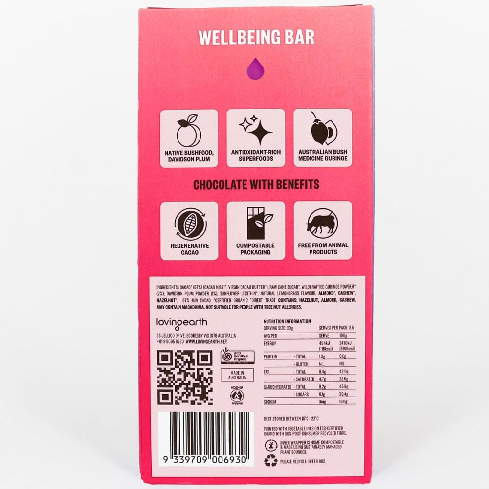 Loving Earth Superfood Chocolate 70g Lemongrass, Davidson Plum, Gubinge