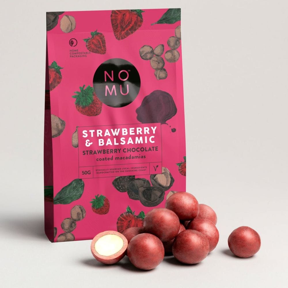 Nomu Noms Strawberry & Balsamic Strawberry Choc Coated Macadamias 50g